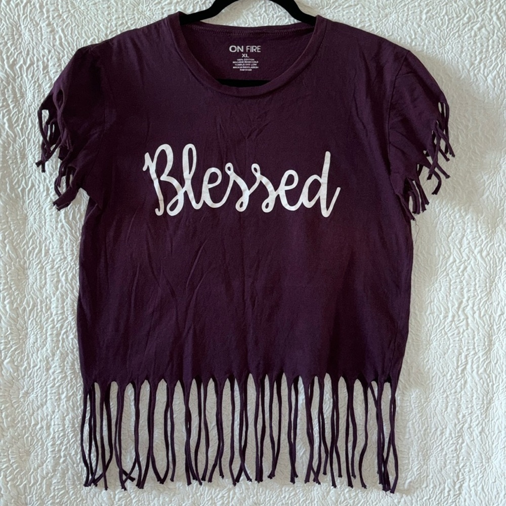 ON FIRE 'Blessed' Print & Back Print Fringe Detail Short Sleeve T-Shirt